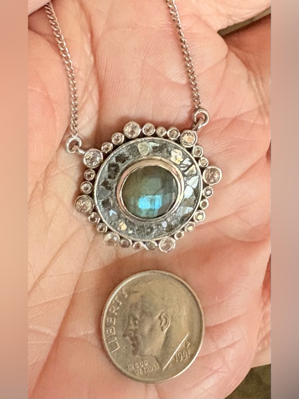 Sterling Silver Blue Labradorite, Diamond & Topaz Pendant Necklace 17.5-19.5